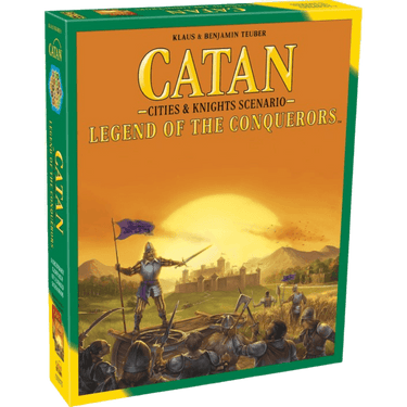 Catan: Legend of Conquerors family game box featuring colorful artwork and game components by Catan Studios.