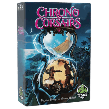 Strategy game box for Chrono Corsairs by Tasty Minstrel Games, featuring colorful artwork and game components on the cover.
