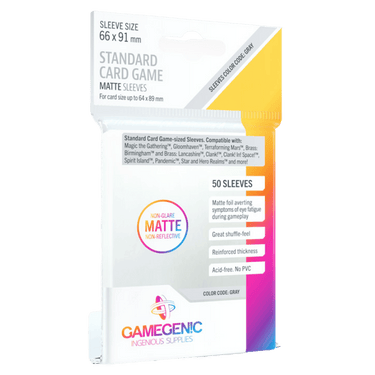 Gamegenic matte card sleeves for standard card games, showing protective sleeves with a smooth matte finish for playing cards.
