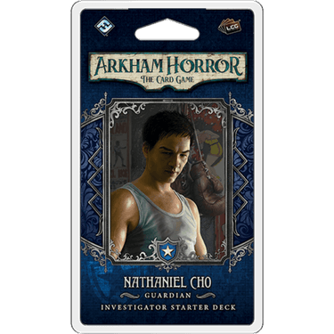 Nathaniel Cho investigator starter deck from Arkham Horror: The Card Game by Fantasy Flight Games, featuring game cards and artwork.