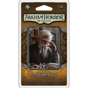 Harvey Walters investigator starter deck for Arkham Horror: The Card Game by Fantasy Flight Games, featuring character cards and accessories.