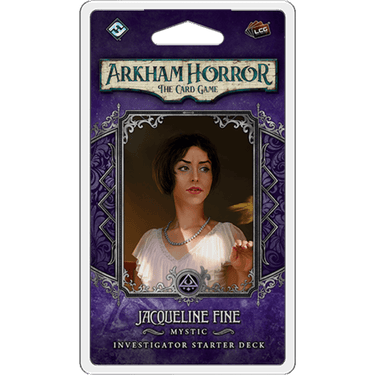 Jacqueline Fine Investigator Starter Deck for Arkham Horror: The Card Game by Fantasy Flight Games, featuring character cards and game accessories.