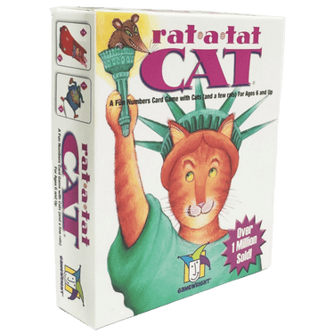 Children's game Rat-a-Tat Cat by Gamewright featuring colorful cards and playful cat-themed illustrations.
