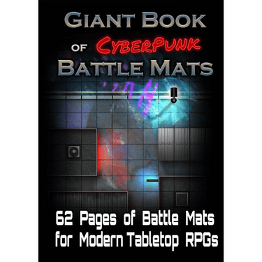 A3 size cyberpunk-themed battle mat for RPGs, featuring neon-lit cityscape and futuristic urban scenery by Loke Battle Mats.