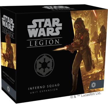 Star Wars: Legion Inferno Squad Unit Expansion for war games by Fantasy Flight Games, featuring detailed miniatures and packaging.