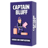 Helvetiq Captain Bluff family game box with colorful cards and game pieces on a wooden table.