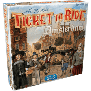 Ticket to Ride: Amsterdam family game by Days of Wonder, featuring colorful game board and train pieces for fun gameplay.