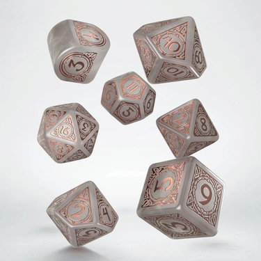 Q Workshop Viking RPG Dice Set Niflheim featuring intricately designed metal dice with Norse-inspired symbols for tabletop gaming.