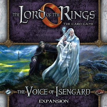 Fantasy Flight Games' The Lord of the Rings: The Card Game – The Voice of Isengard living card game box featuring artwork of Isengard.