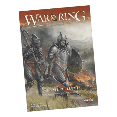 Ares Games War of the Ring: The Fate of Erebor strategy game box featuring artwork of Middle-earth and iconic characters.