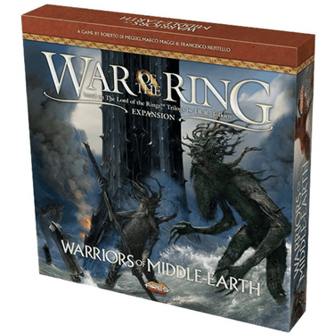 Strategic War of the Ring: Warriors of Middle-earth board game by Ares Games, featuring detailed miniature warriors and game components.