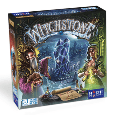 HUCH! Witchstone strategy game box featuring colorful artwork with game pieces and a game board for immersive gameplay.
