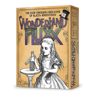 Family game Wonderland Fluxx by Looney Labs featuring colorful cards and playful design for fun gameplay.