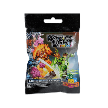 DC Comics Dice Masters War of Light booster pack by Wizkids featuring colorful dice and packaging for family gameplay.