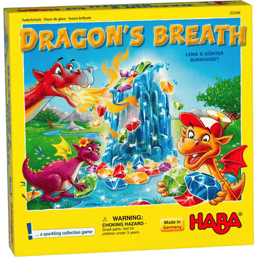Children's game Dragon's Breath by HABA featuring colorful game pieces and a whimsical dragon-themed game board.