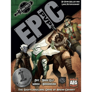 Epic PvP Fantasy Expansion 1 card set featuring Orc, Dark Elf, Monk, and Barbarian characters for Alderac Entertainment Group strategy game.