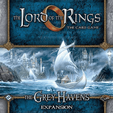 Fantasy Flight Games The Lord of the Rings: The Card Game – The Grey Havens living card game box with grey artwork and game components.