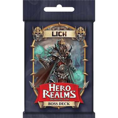 Hero Realms Boss Deck featuring The Lich from Wise Wizard Games, showcasing a dark fantasy character card for strategy gameplay.