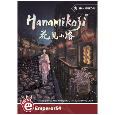 Hanamikoji family game by EmperorS4, featuring traditional Japanese-themed artwork and game components on the box.