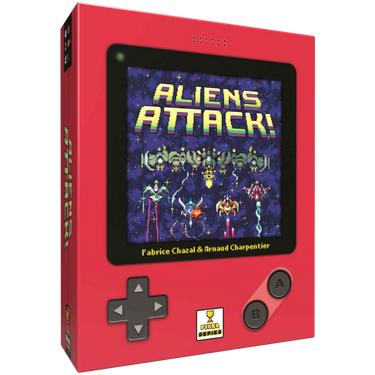 Family game box for Aliens Attack! by Matagot featuring colorful alien and spaceship artwork on the front.