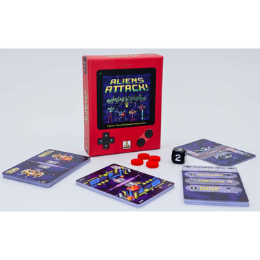 Family game "Aliens Attack!" by Matagot featuring colorful alien characters and game components on a table.