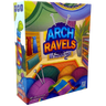 Family game ArchRavels by XYZ Game Labs featuring colorful wooden pieces and game cards on a wooden table.