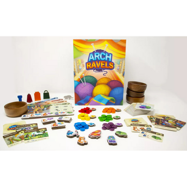 Family game ArchRavels by XYZ Game Labs featuring colorful wooden arches and game pieces on a wooden surface.