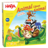 Colorful HABA Animal Upon Animal children's game with wooden animal figures stacked on a game board.