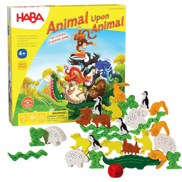 Colorful HABA Animal Upon Animal children's game with wooden animal pieces stacked in playful arrangement.