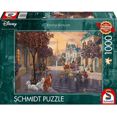 Thomas Kinkade Aristocats adult puzzle by Schmidt showing a colorful scene from the Thomas Kinkade Aristocats collection.