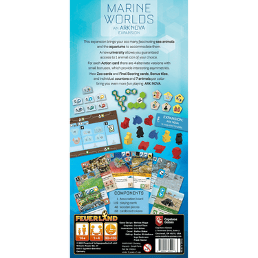 Ark Nova: Marine Worlds strategy game by Feuerland Spiele featuring colorful underwater scenes and marine animal illustrations.