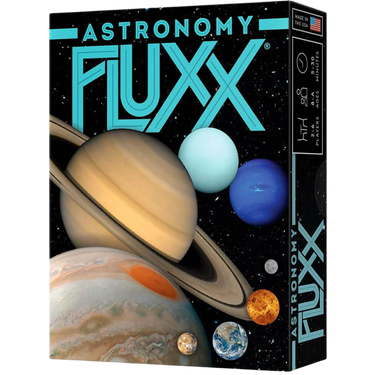 Family astronomy-themed game Astronomy Fluxx by Looney Labs featuring colorful cards and space-themed artwork.