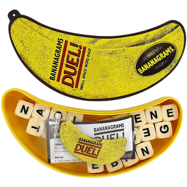 Bananagrams Duel! party game by Bananagrams, Inc., featuring colorful game tiles arranged on a flat surface for two players.