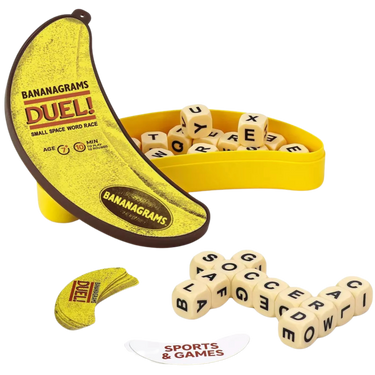 Bananagrams Duel! party game by Bananagrams, Inc., showing colorful game tiles arranged on a table for two players.