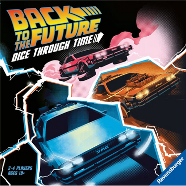 Ravensburger Back to the Future Dice Through Time family game with colorful dice and game components on a white background.