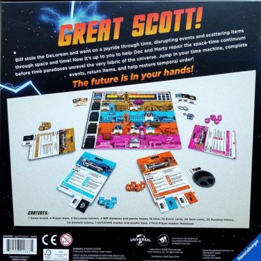 Ravensburger Back to the Future Dice Through Time family game with colorful game components and themed artwork scene.