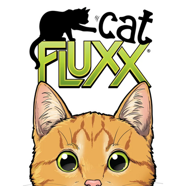 Family game Cat Fluxx by Looney Labs featuring colorful cards and playful cat-themed illustrations for fun gameplay.