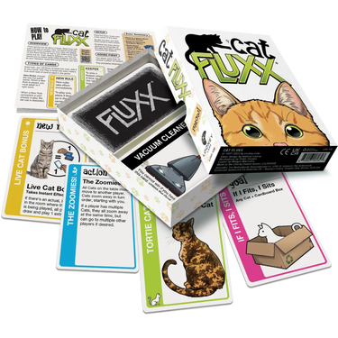 Cat Fluxx family game by Looney Labs, featuring colorful cards with cat-themed illustrations and playful game components.