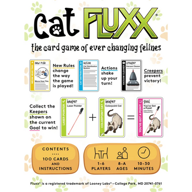 Looney Labs Cat Fluxx family game box with colorful cards and playful artwork for all ages.