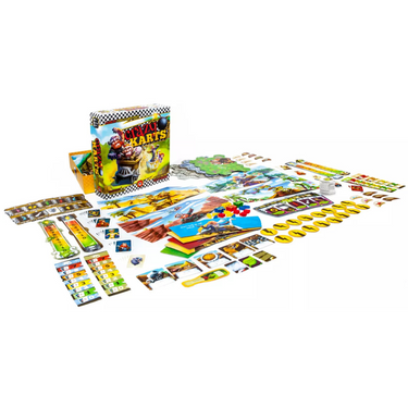 Family game set from Crazy Karts by Portal Games, featuring colorful game pieces and a vibrant playing surface.