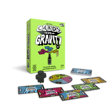 Cards Vs Gravity Mini party game by Big Potato, showing game components and colorful cards on a flat surface.