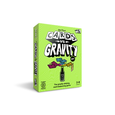 Cards Vs Gravity Mini party game by Big Potato showing colorful cards and small game pieces on a white background.