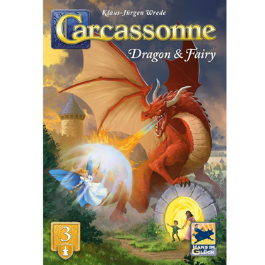 Carcassonne Expansion 3 with dragon and fairy pieces from Hans im Glück, showcasing game components for family board game play.