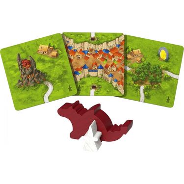 Carcassonne Expansion 3 Dragon & Fairy for family game by Hans im Glück, featuring colorful dragon and fairy miniatures.