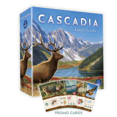 Abstract game Cascadia Kickstarter Edition by Flatout Games featuring colorful tiles and wildlife illustrations for strategic play.