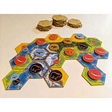 Abstract game Cascadia Kickstarter Edition by Flatout Games featuring colorful tiles and wildlife illustrations on the game box.