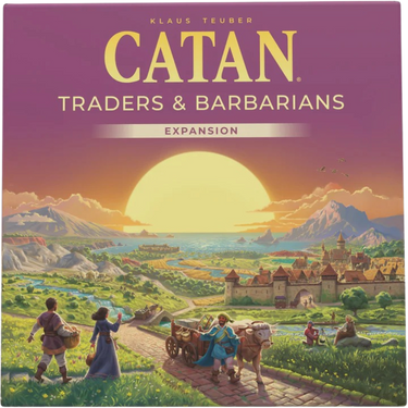 Catan Traders & Barbarians Expansion for Catan family game, showing colorful game pieces and box art from Catan Studios.