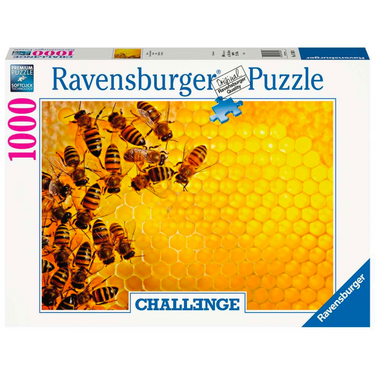 Ravensburger Challenge Bees adult puzzle showing colorful bee illustrations on assembled puzzle pieces.