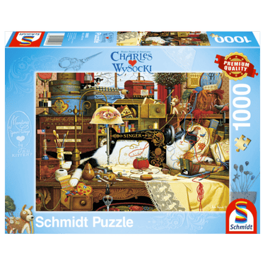 Adult puzzle featuring Charles Wysocki's Maggie the Messmaker artwork by Schmidt, showing colorful, detailed 1000-piece puzzle pieces.
