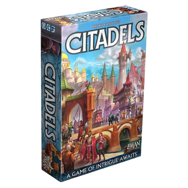 Image of Citadels Revised Edition family game box by Z-Man Games, featuring colorful artwork and game components.
